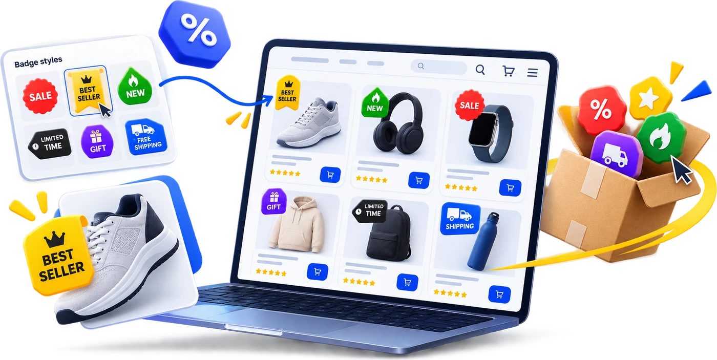 Badgely badge styles applied to a product grid on a laptop