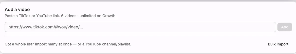 Virally add-a-video box with URL field, Add button and Bulk import link
