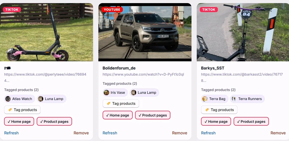 Virally video cards with tagged products, placement toggles and Tag products buttons