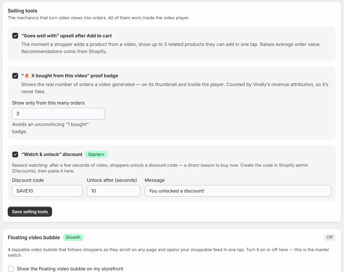 Virally Settings page with upsell, proof badge and watch-and-unlock discount controls