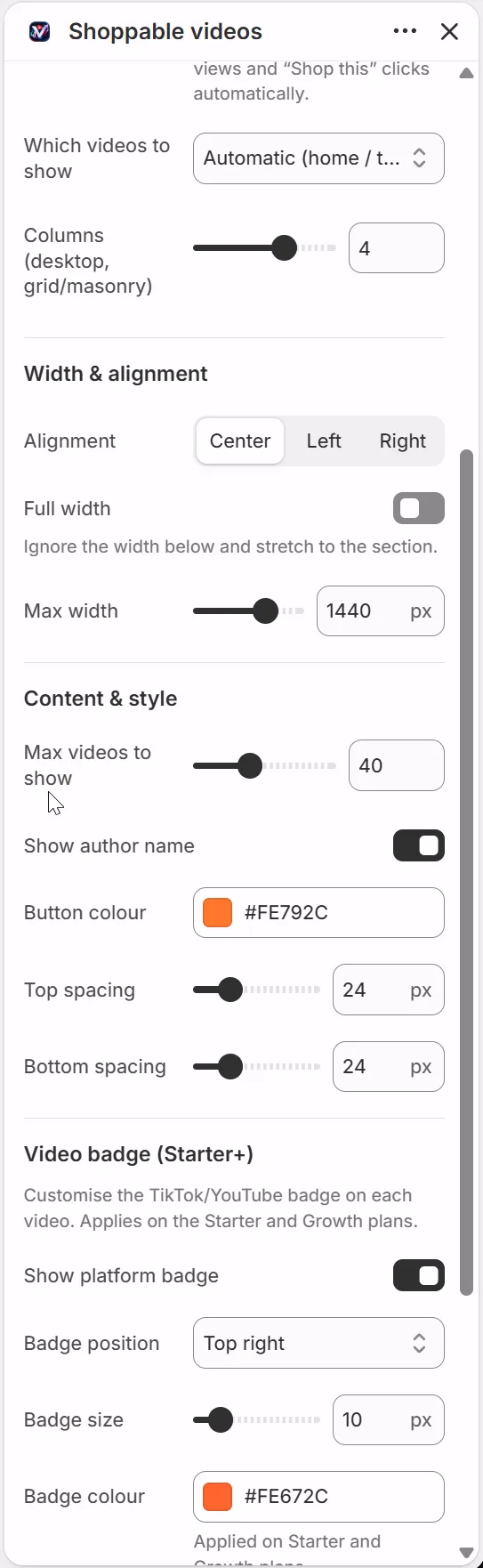 Shoppable videos block settings in the Shopify theme editor: layout, columns, width, alignment, badge customisation