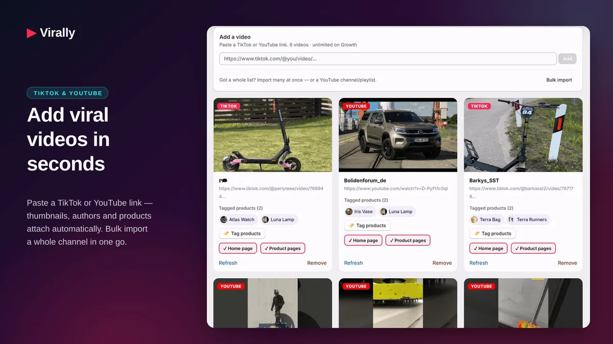 Add viral TikTok and YouTube videos in seconds — bulk import a whole channel