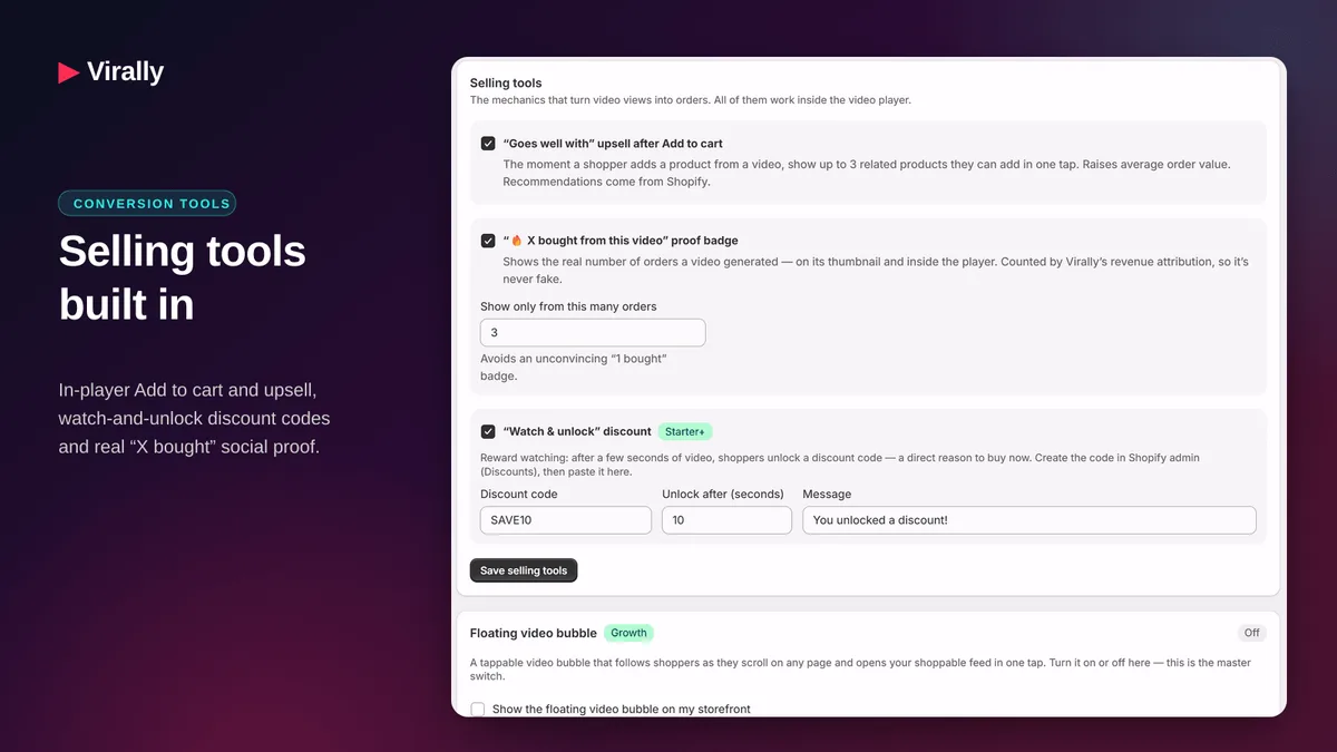 Built-in selling tools: in-player add to cart, upsell, watch-and-unlock discounts
